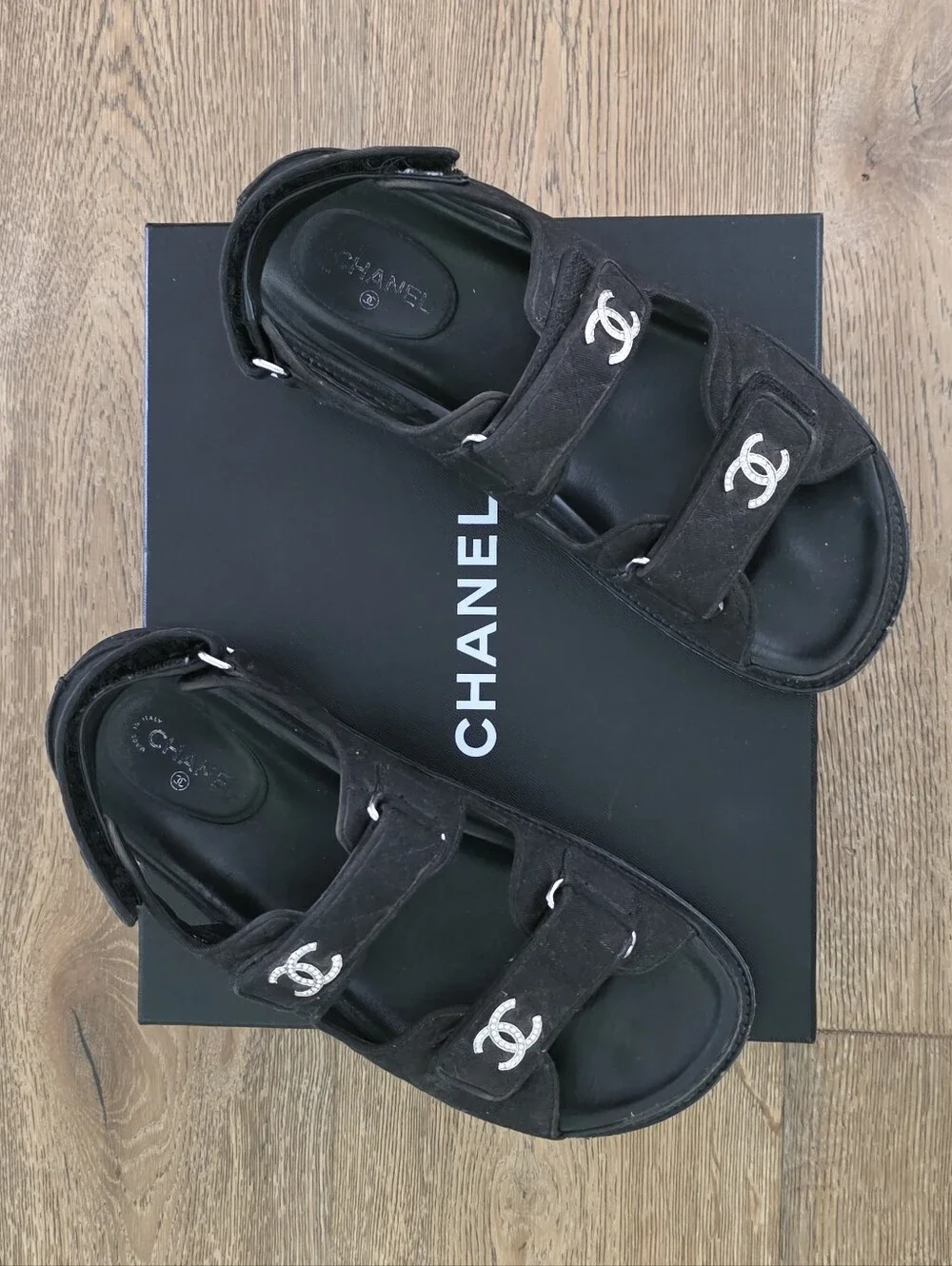 CHANEL Black Mixed Fibers CC-Strap Dad Sandals